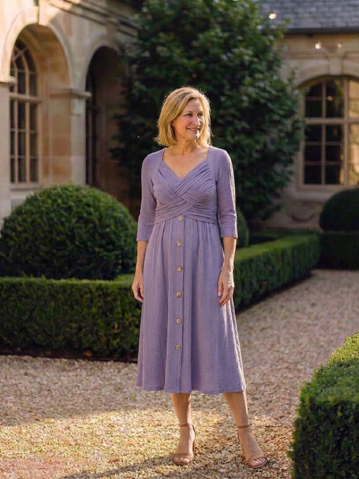 Isolde | Cross Pleated V Neck Button Front Midi Dress