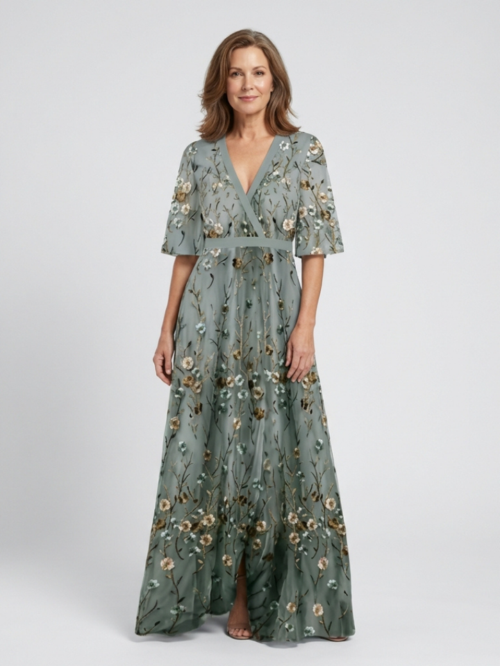 Margaret | Floral V Neck Short Sleeve Maxi Dress