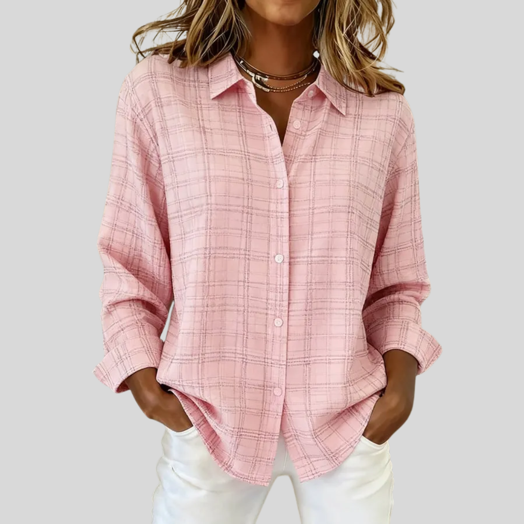 Women's casual pink plaid long-sleeved shirt