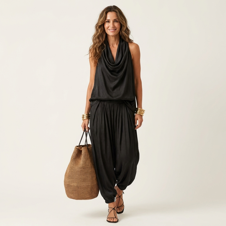 Cariana | Cowl-Neck Halter Top & Draped Wide-Leg Pants Set