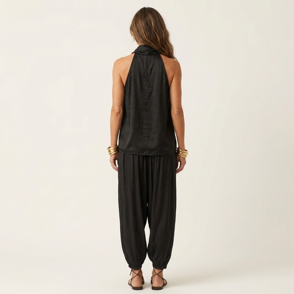 Cariana | Cowl-Neck Halter Top & Draped Wide-Leg Pants Set