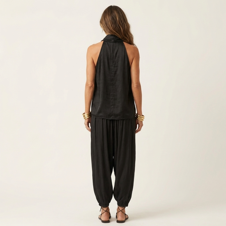 Cariana | Cowl-Neck Halter Top & Draped Wide-Leg Pants Set