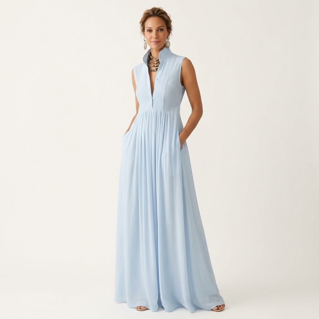 Clara | Sleeveless Stand-Collar Pleated Maxi with Pockets