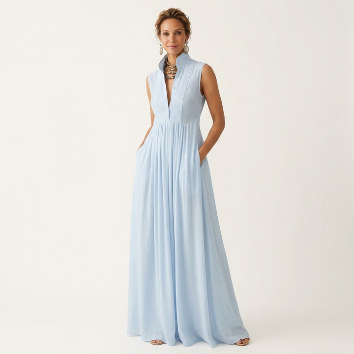 Clara | Sleeveless Stand-Collar Pleated Maxi with Pockets