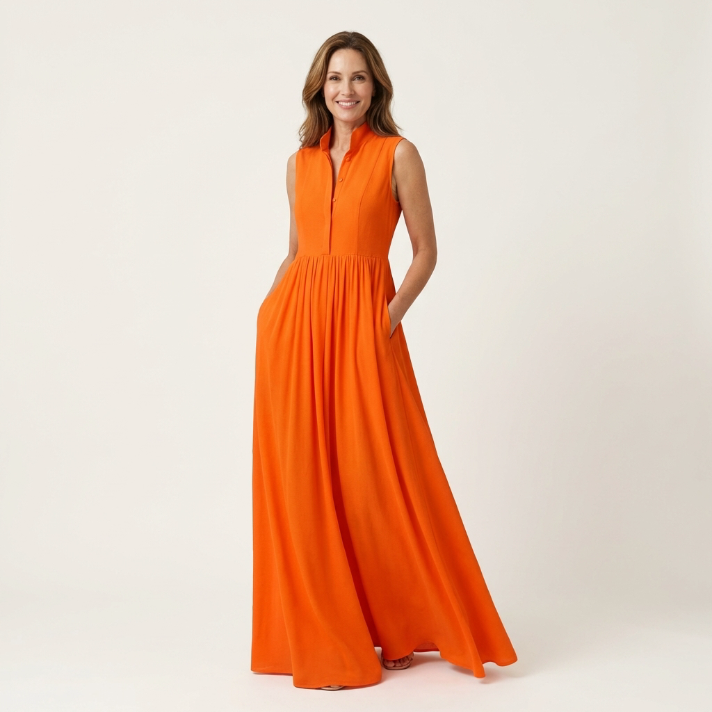 Clara | Sleeveless Stand-Collar Pleated Maxi with Pockets