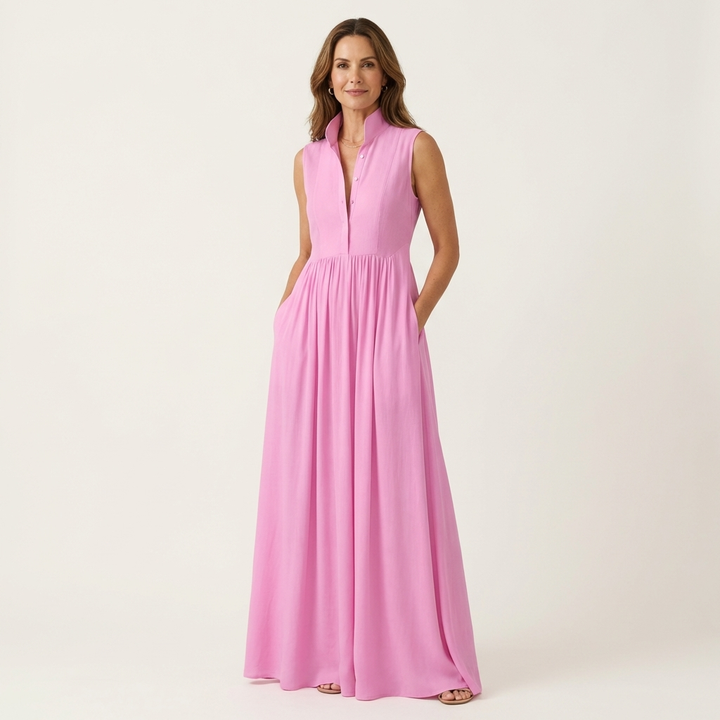Clara | Sleeveless Stand-Collar Pleated Maxi with Pockets