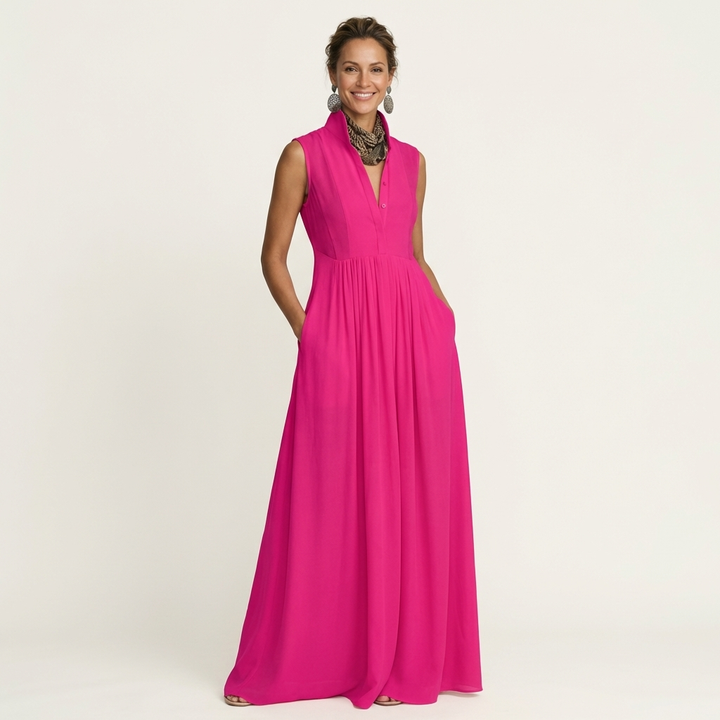 Clara | Sleeveless Stand-Collar Pleated Maxi with Pockets