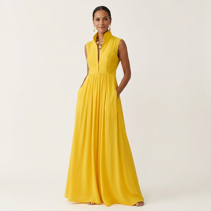Clara | Sleeveless Stand-Collar Pleated Maxi with Pockets