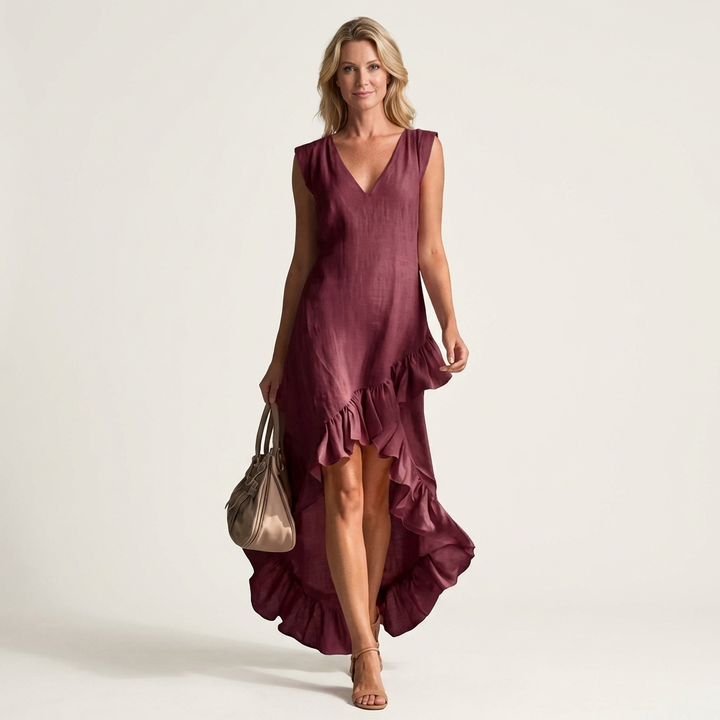Caliah | Sleeveless V-Neck Hi-Low Dress with Ruffle Hem