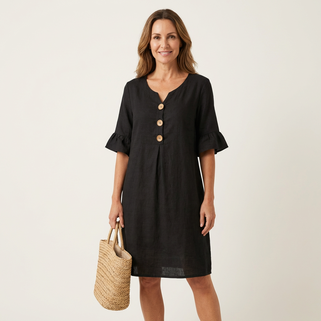 Rileya | Shift Dress with Button Front & Ruffle Sleeves