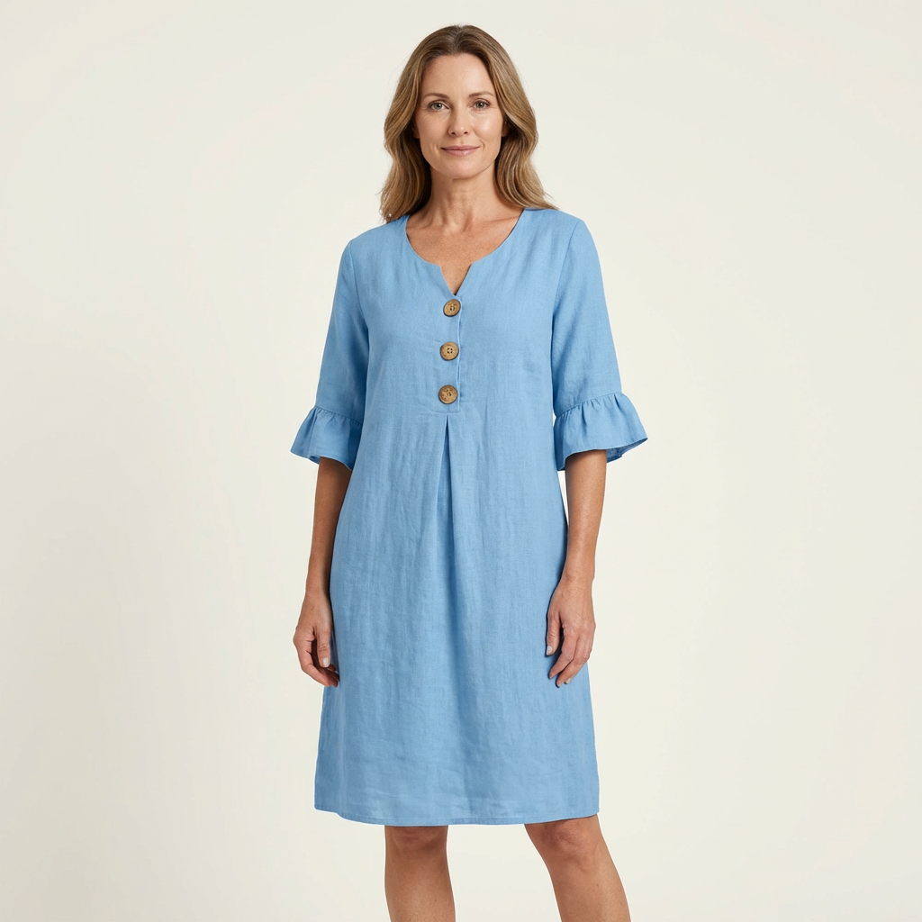 Rileya | Shift Dress with Button Front & Ruffle Sleeves