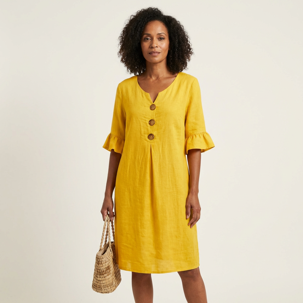 Rileya | Shift Dress with Button Front & Ruffle Sleeves