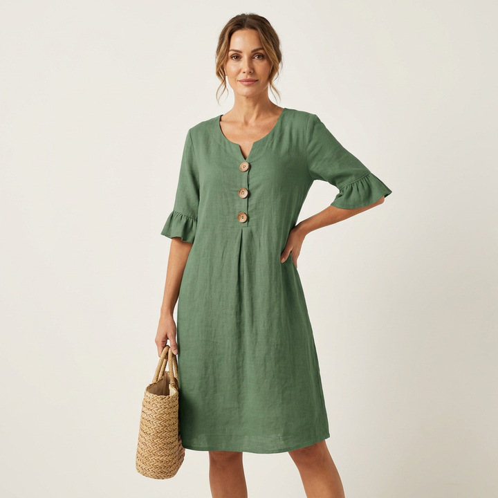 Rileya | Shift Dress with Button Front & Ruffle Sleeves