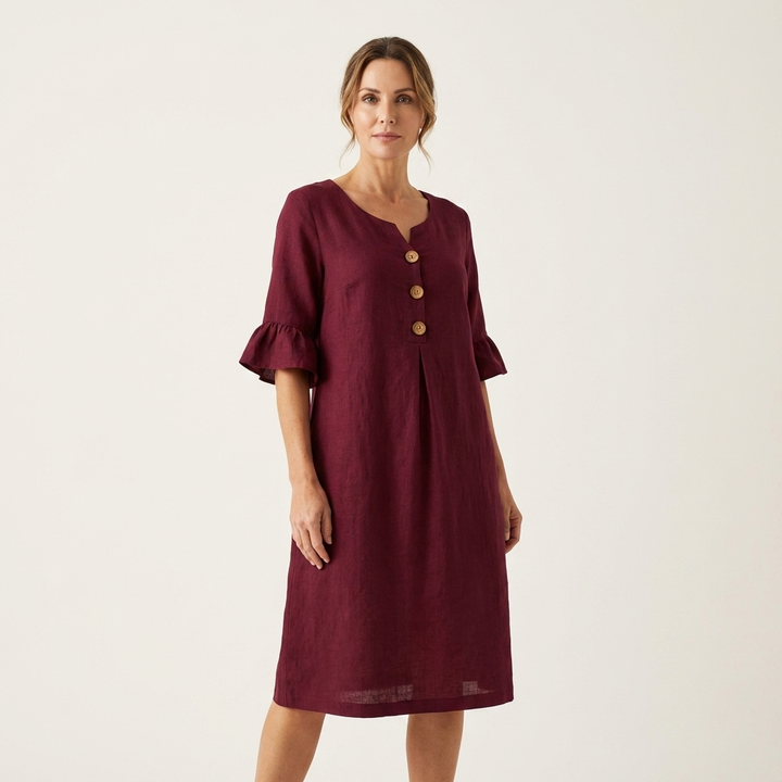 Rileya | Shift Dress with Button Front & Ruffle Sleeves