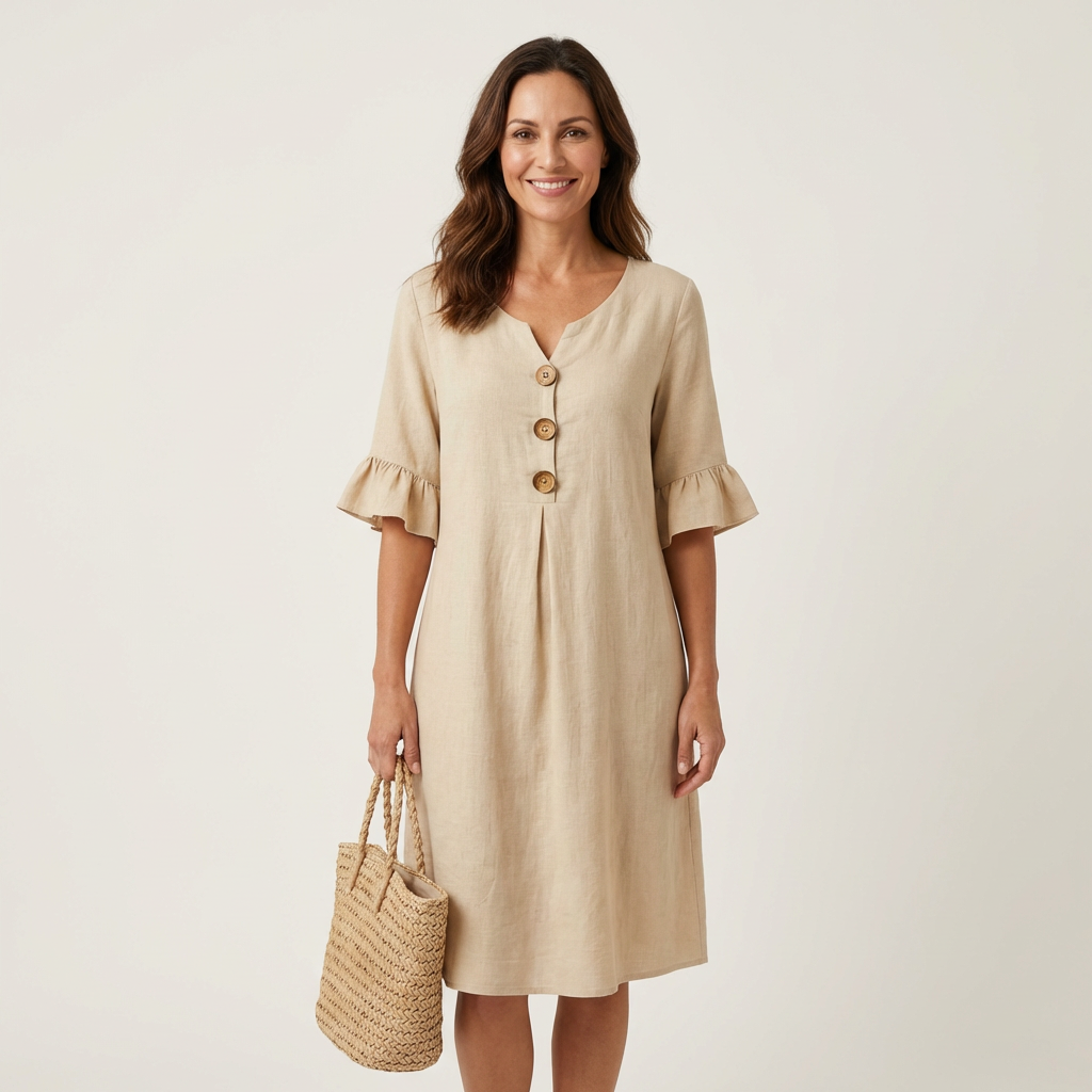 Rileya | Shift Dress with Button Front & Ruffle Sleeves