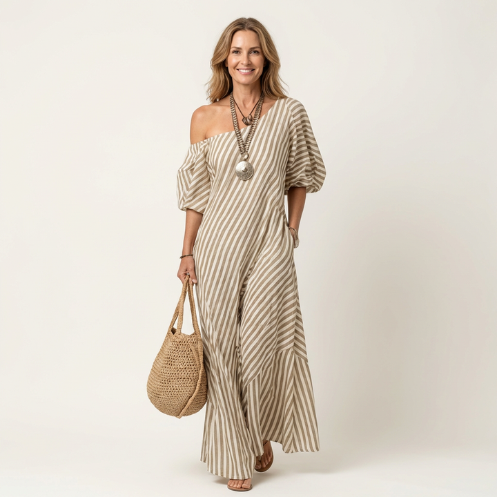 Gelina | One-Shoulder Striped Maxi Dress with Puff Sleeves & Side Pockets
