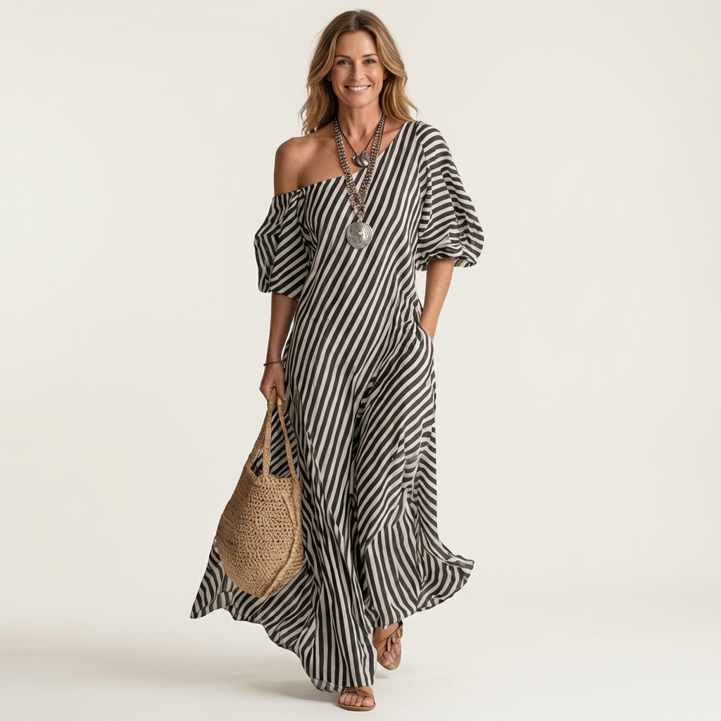 Gelina | One-Shoulder Striped Maxi Dress with Puff Sleeves & Side Pockets
