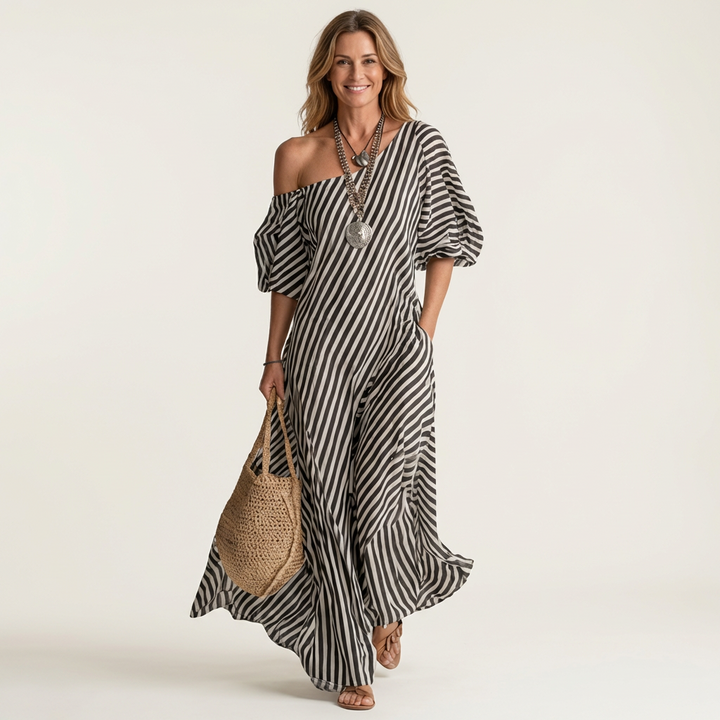 Gelina | One-Shoulder Striped Maxi Dress with Puff Sleeves & Side Pockets