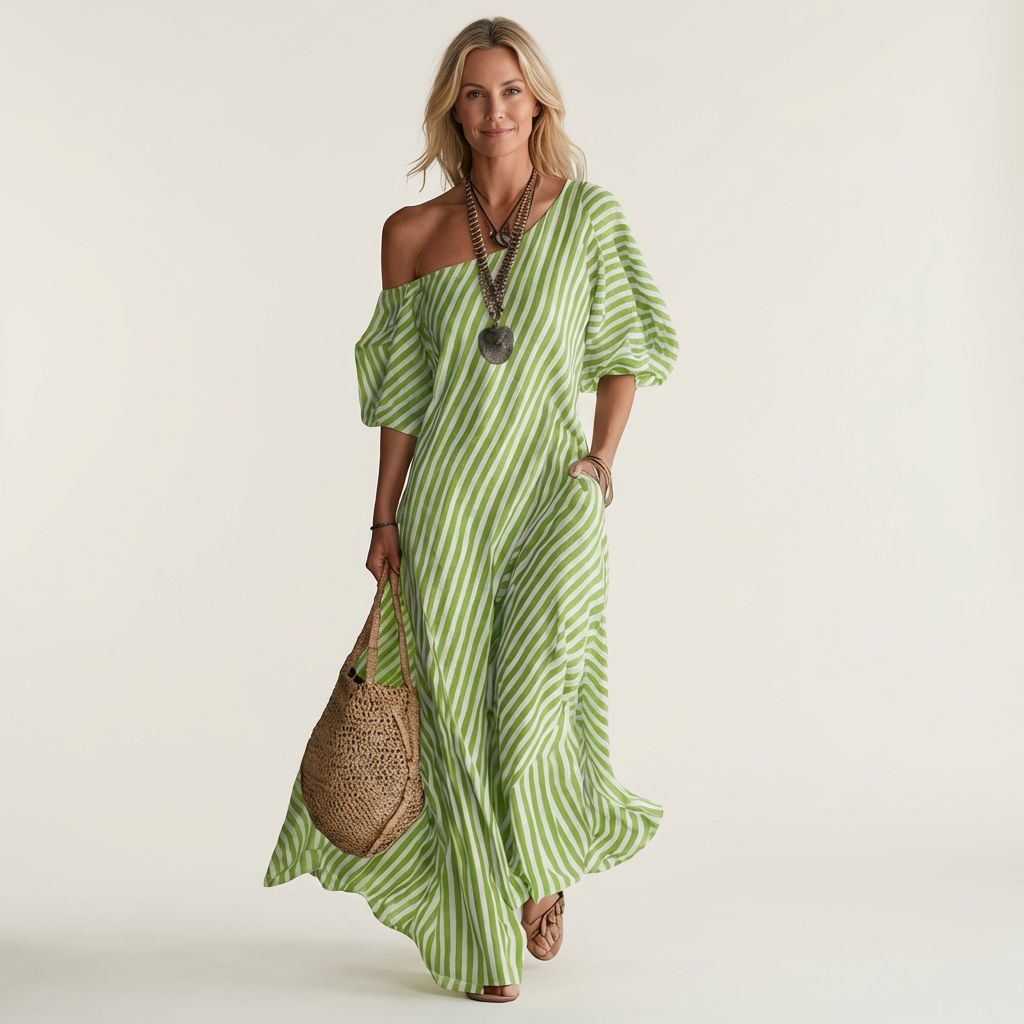 Gelina | One-Shoulder Striped Maxi Dress with Puff Sleeves & Side Pockets