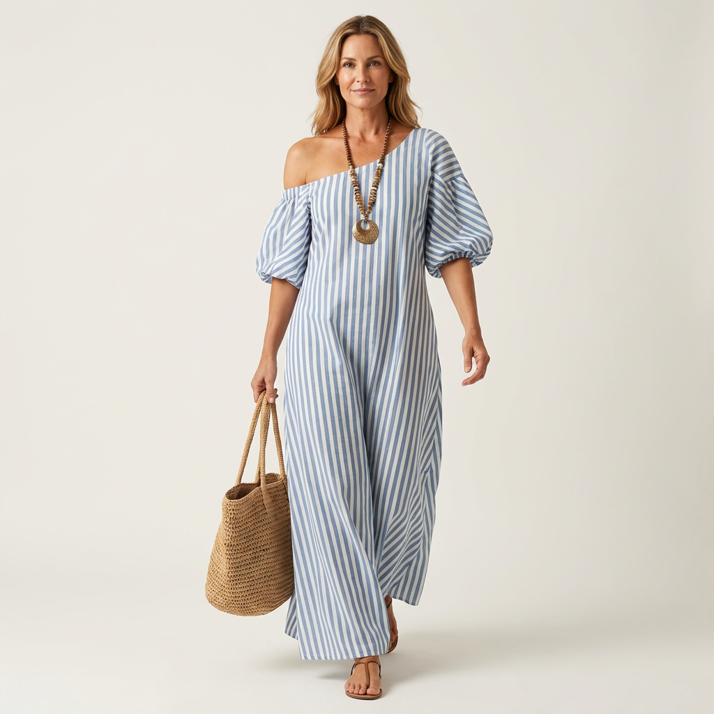 Gelina | One-Shoulder Striped Maxi Dress with Puff Sleeves & Side Pockets