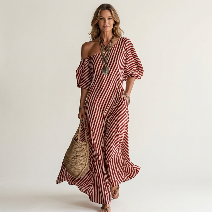 Gelina | One-Shoulder Striped Maxi Dress with Puff Sleeves & Side Pockets