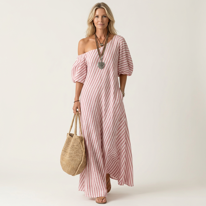 Gelina | One-Shoulder Striped Maxi Dress with Puff Sleeves & Side Pockets