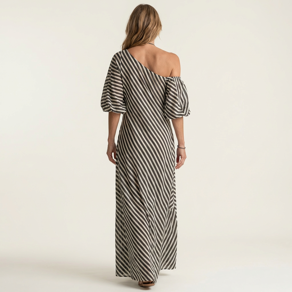 Gelina | One-Shoulder Striped Maxi Dress with Puff Sleeves & Side Pockets