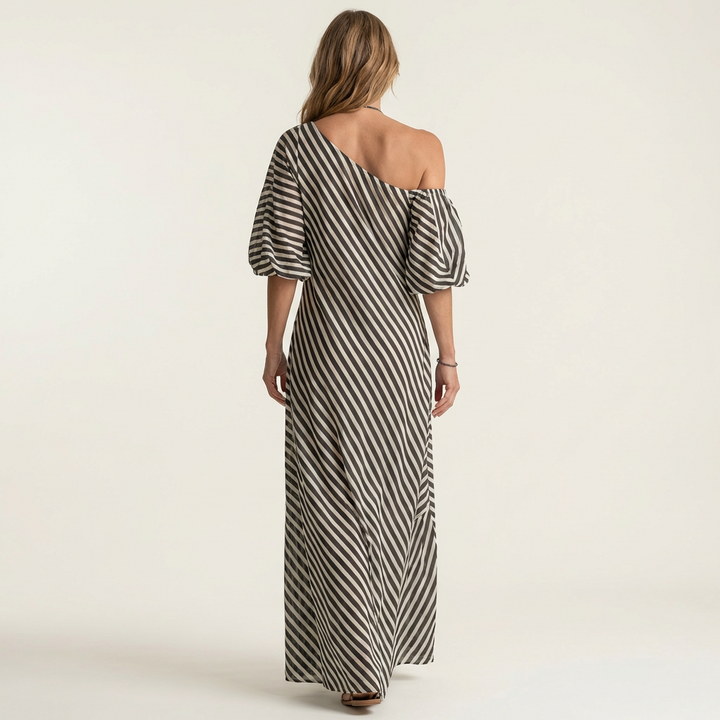Gelina | One-Shoulder Striped Maxi Dress with Puff Sleeves & Side Pockets