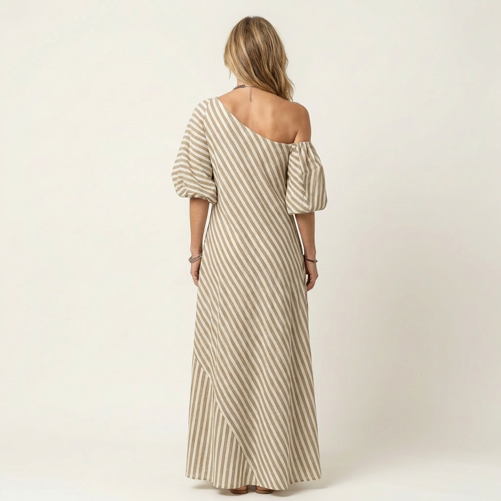 Gelina | One-Shoulder Striped Maxi Dress with Puff Sleeves & Side Pockets