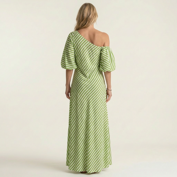Gelina | One-Shoulder Striped Maxi Dress with Puff Sleeves & Side Pockets