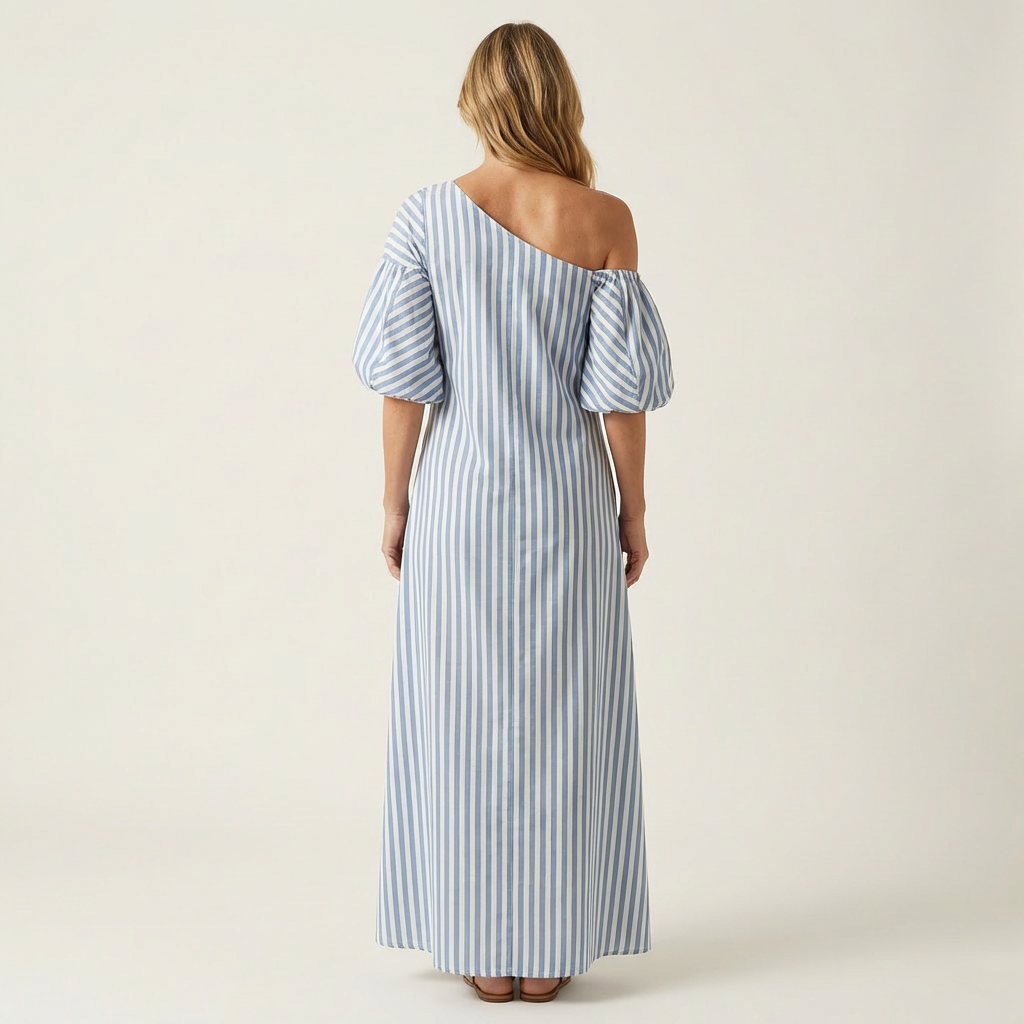 Gelina | One-Shoulder Striped Maxi Dress with Puff Sleeves & Side Pockets
