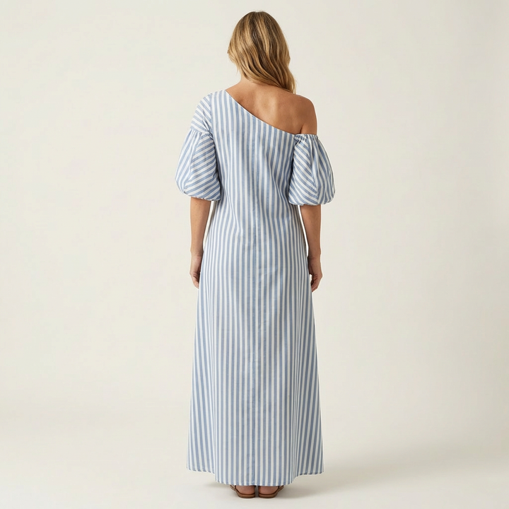 Gelina | One-Shoulder Striped Maxi Dress with Puff Sleeves & Side Pockets