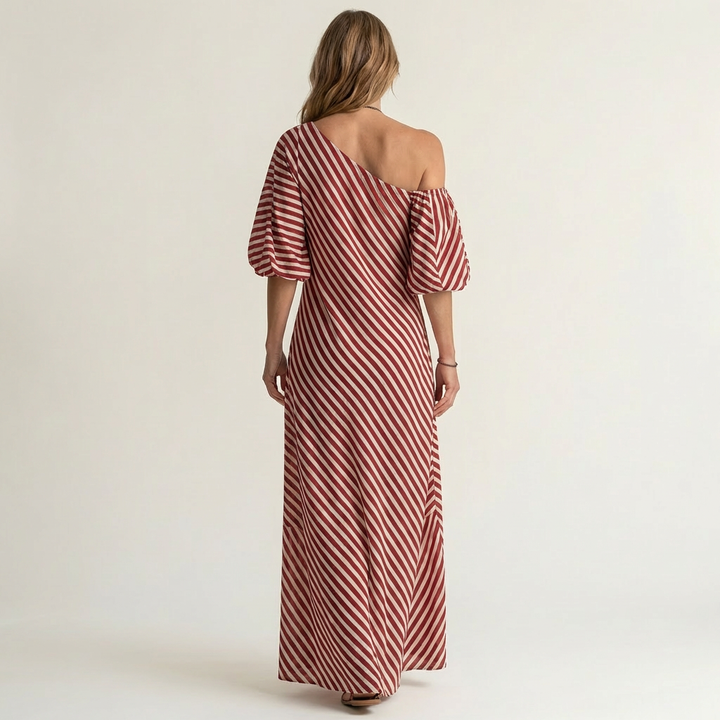 Gelina | One-Shoulder Striped Maxi Dress with Puff Sleeves & Side Pockets