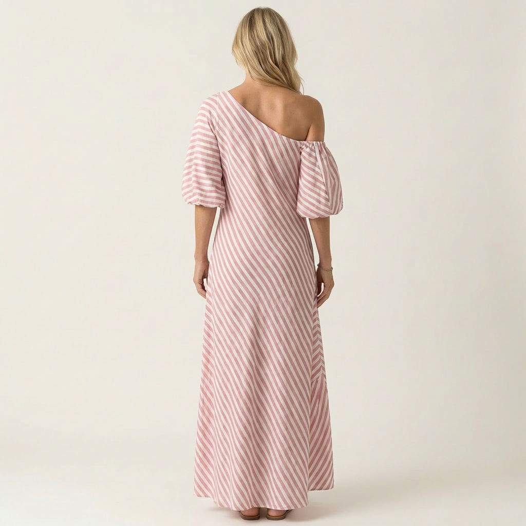 Gelina | One-Shoulder Striped Maxi Dress with Puff Sleeves & Side Pockets