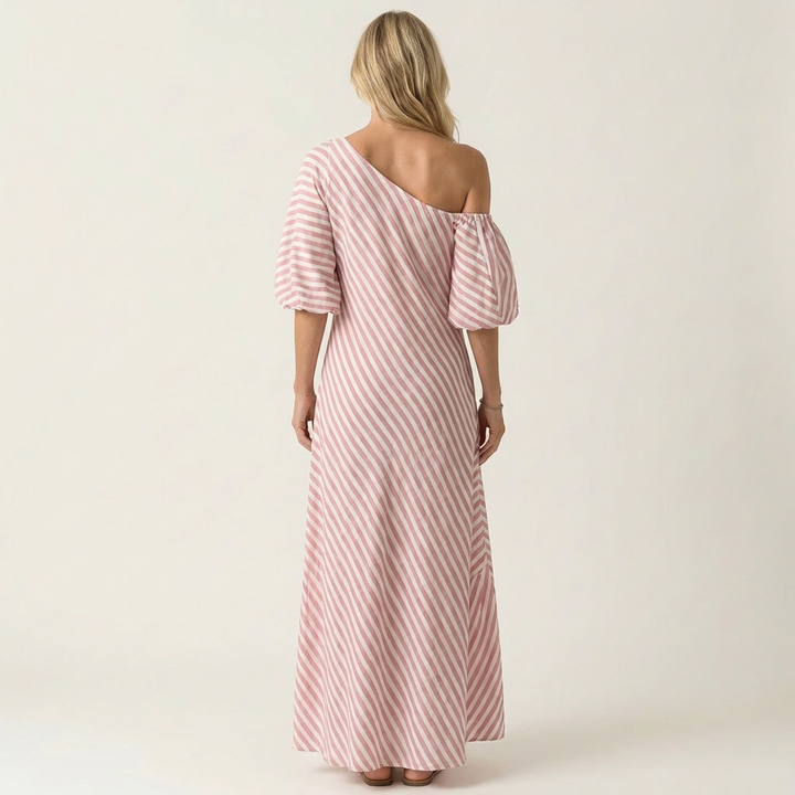 Gelina | One-Shoulder Striped Maxi Dress with Puff Sleeves & Side Pockets