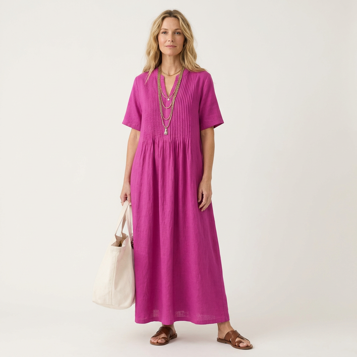 Calea | Pintuck V-Neck Maxi Dress with Short Sleeves & Pockets
