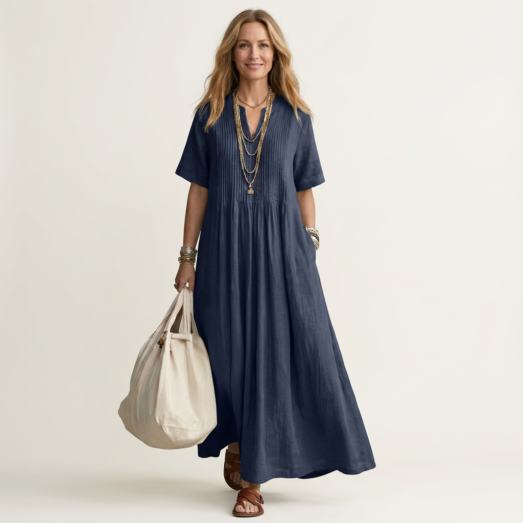 Calea | Pintuck V-Neck Maxi Dress with Short Sleeves & Pockets