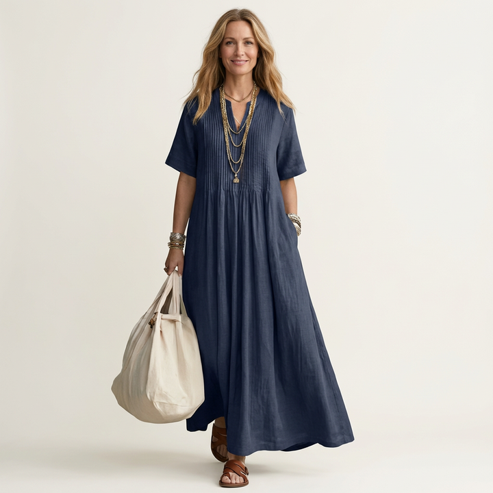 Calea | Pintuck V-Neck Maxi Dress with Short Sleeves & Pockets