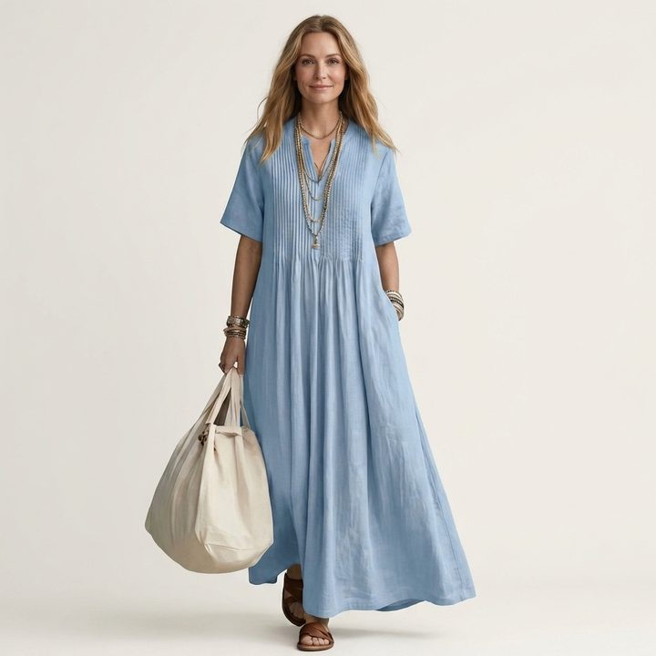 Calea | Pintuck V-Neck Maxi Dress with Short Sleeves & Pockets