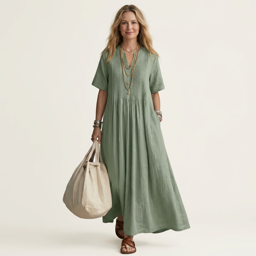 Calea | Pintuck V-Neck Maxi Dress with Short Sleeves & Pockets