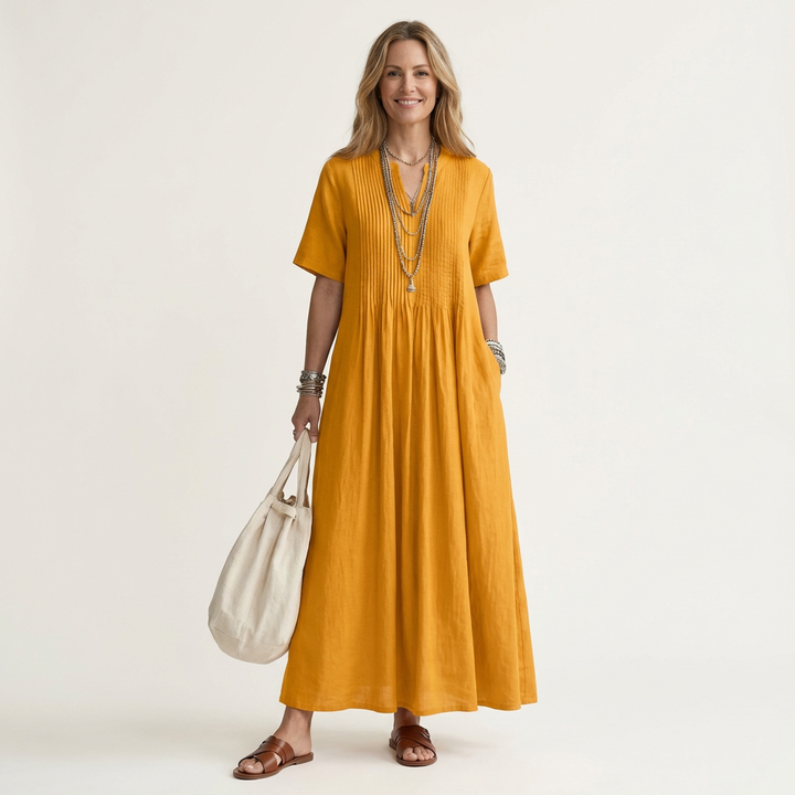 Calea | Pintuck V-Neck Maxi Dress with Short Sleeves & Pockets