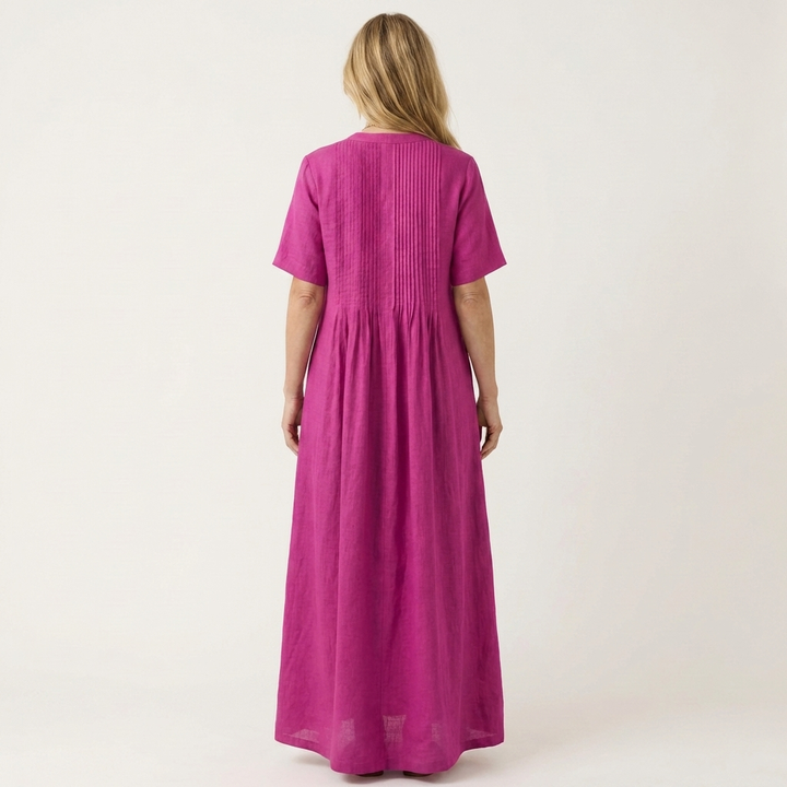 Calea | Pintuck V-Neck Maxi Dress with Short Sleeves & Pockets