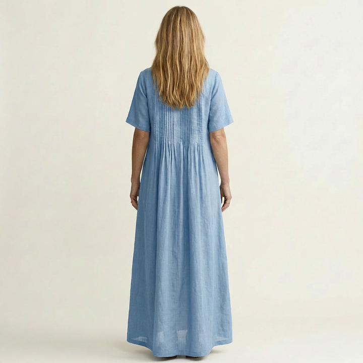 Calea | Pintuck V-Neck Maxi Dress with Short Sleeves & Pockets