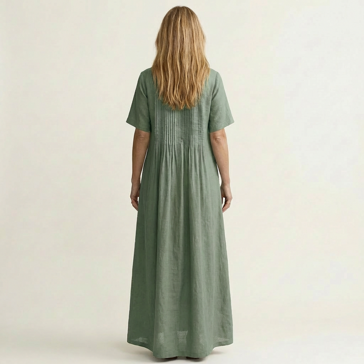 Calea | Pintuck V-Neck Maxi Dress with Short Sleeves & Pockets