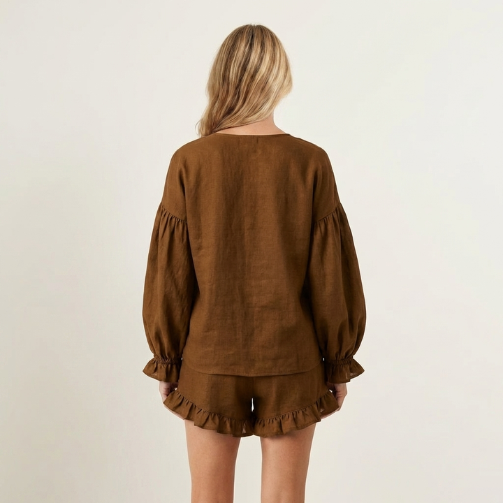 Isabellita | Lantern-Sleeve Ruffle-Hem Top & Shorts Set