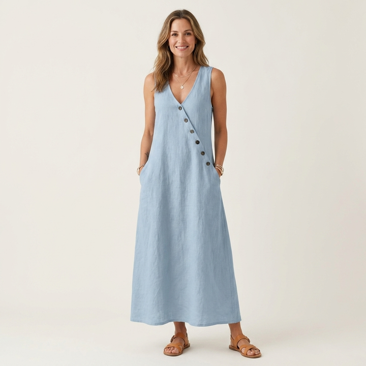Amelie | V-Neck Sleeveless Button-Detail Maxi Dress