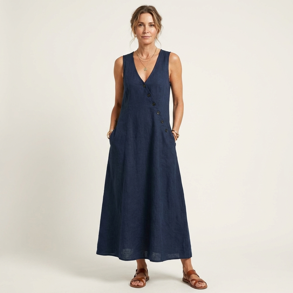 Amelie | V-Neck Sleeveless Button-Detail Maxi Dress