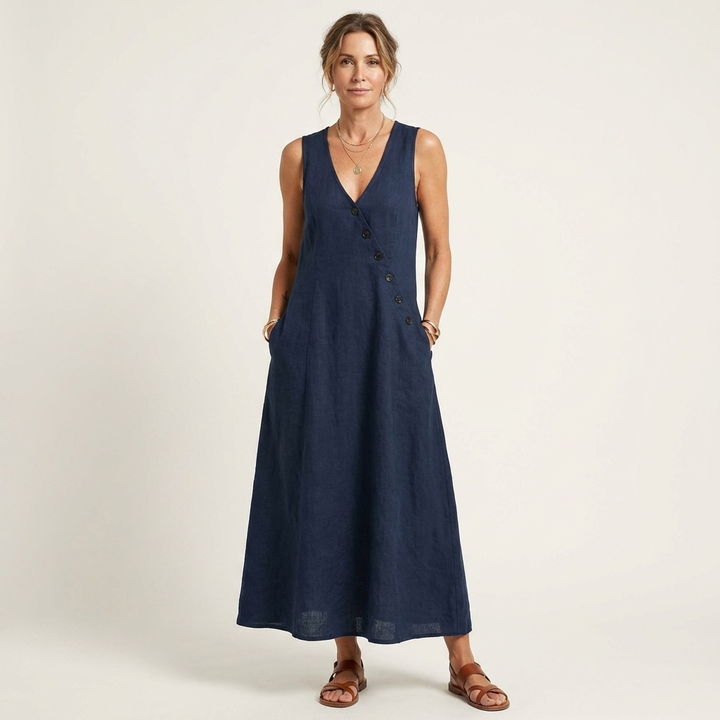 Amelie | V-Neck Sleeveless Button-Detail Maxi Dress