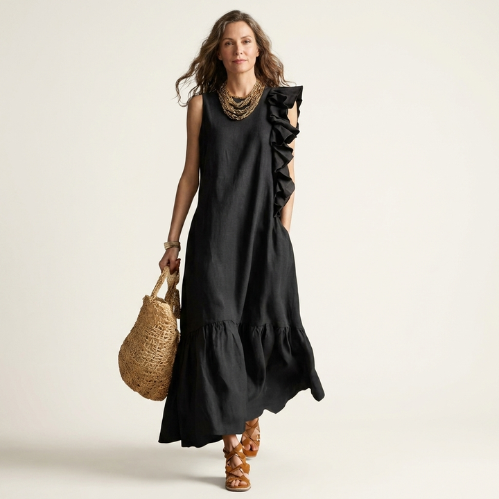 Fiara | Sleeveless Midi with Asymmetric Ruffle Detail