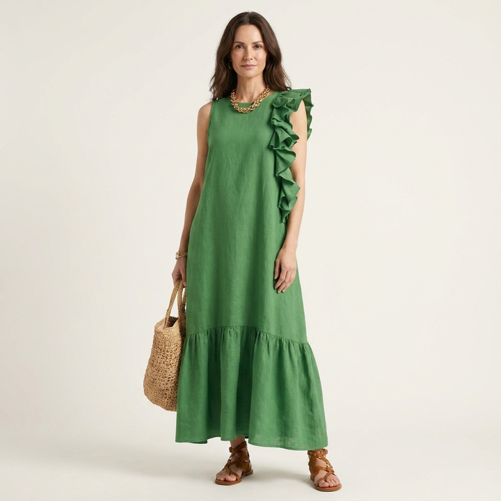 Fiara | Sleeveless Midi with Asymmetric Ruffle Detail